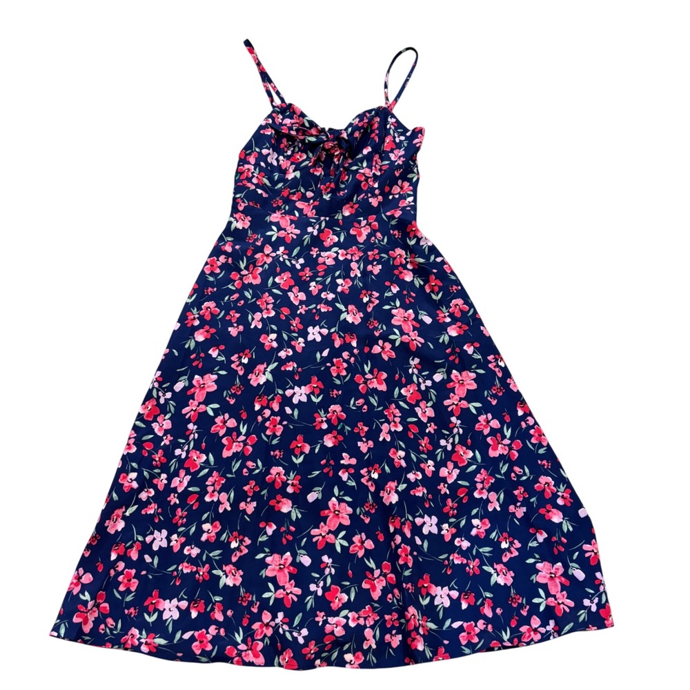 Eliza‎ J Midi Dress 4 Blue Floral Tie Front Smocked Back Wedding Guest